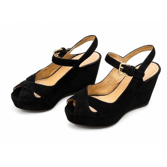 Stuart Weitzman Shoes - Stuart Weitzman Platform Wedges 5.5 Black Suede Y2K Peep Toe Chic Euro Summer
